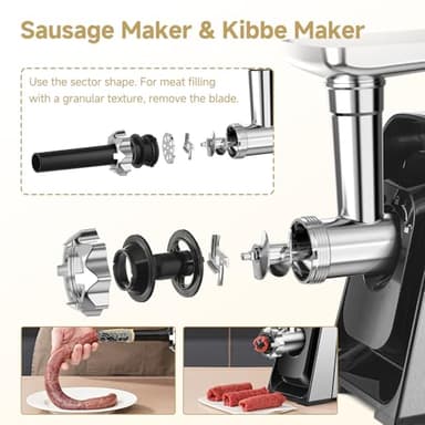 AAOBOSI Meat Grinder Electric, [3000W Max] Meat Grinder Heavy Duty with 2 Stainless Steel Blades & 4 Grinding Plates, Sausage Maker & Kibbe Kit for Home Kitchen Using - Image 7