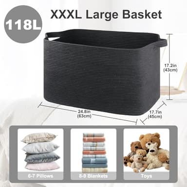 OIASKET 118L Extra Large Blanket Basket, 24.8" x 17.7" x 17.2" Woven Storage Basket for Living Room, Rectangle Nursery Blanket Storage for Toys, Towels, Dirty Clothes (Black) - Image 2