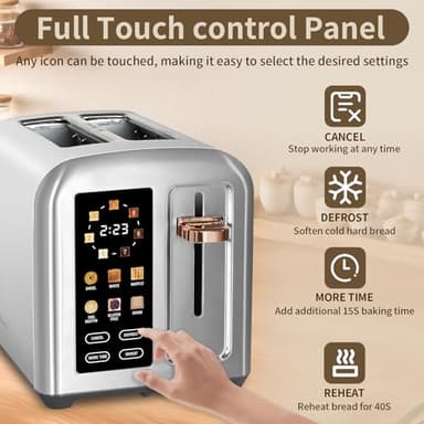 SEEDEEM Toaster 2 Slice, Full Touch Control Stainless Toaster, LCD Display, 50% Faster Heating Speed, 6 Bread Type, 7 Shade Setting, 1.5''Wide Slots, Removable Crumb Tray, 1350W, Silver Metallic - Image 5