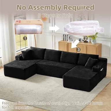 134 Inch Cloud Sectional Couch for Living Room,Corduroy Boneless Couches with L-Shape Chaise,Modern Modular Sectional Sofa with Deep Seat,No Assembly Required (Black, U-Shaped Sofa) - Image 6