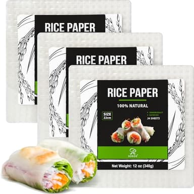 Soeos Rice Paper, White Rice Paper Wrappers, 3 Pack, 102 Sheets-Fresh Spring Roll Wrappers & Dumplings, Non-GMO, Gluten-Free, Low Carb, Vietnamese Rice Wraps (Square, 22cm) - Image 1