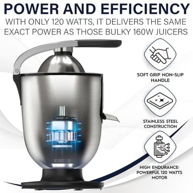 Eurolux Premium Electric Orange Juicer | Stainless Steel Citrus Squeezer With New Ultra-Powerful Motor and Soft Grip Handle for Effortless Juicing, Auto Shutoff, Dishwasher-safe Parts, Pulp Control - Image 4