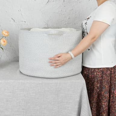 XUANGUO Large Cotton Rope Basket – 22"x14" Woven Storage Baskets for Blankets, Toys, Laundry, and Nursery – Round Basket for Living Room, Kids, and Pets Grey - Image 3
