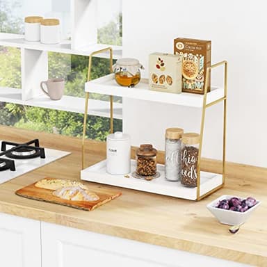 Forbena Bathroom Organizer Countertop, Counter Organizer for Bathroom Decor, Wooden Sink Shelf for Vanity Storage, Makeup Tray for Perfume Skincare Bedroom Kitchen Corner (2 Tier, White and Gold) - Image 3