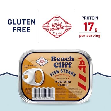 Beach Cliff Wild Caught Fish Steaks in Mustard Sauce, 3.75 oz Can (Pack of 12) - 17g Protein per Serving - Gluten Free, Keto Friendly - Great for Pasta & Seafood Recipes - Image 2