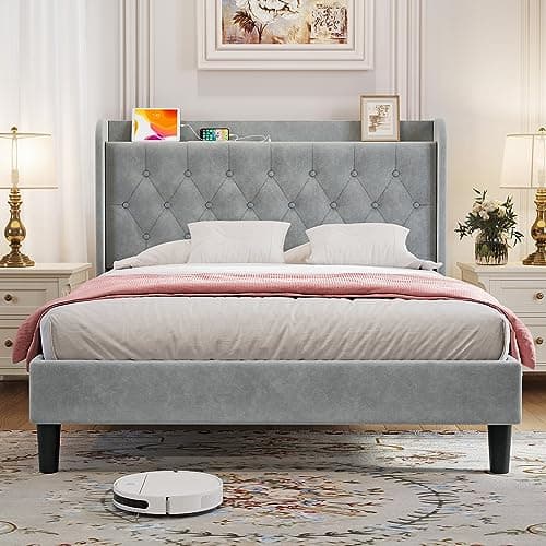 koorlian Queen Bed Frame, Velvet Adjustable Upholstered Platform Bed Frame with Type-C&USB Ports, Wingback Storage Headboard, Solid Wood Slats Support, No Box Spring Needed, Noiseless, Gary - Image 1