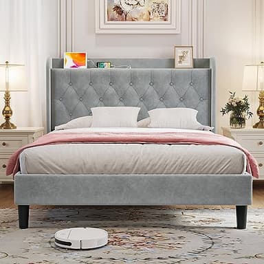 koorlian Queen Bed Frame, Velvet Adjustable Upholstered Platform Bed Frame with Type-C&USB Ports, Wingback Storage Headboard, Solid Wood Slats Support, No Box Spring Needed, Noiseless, Gary - Image 1