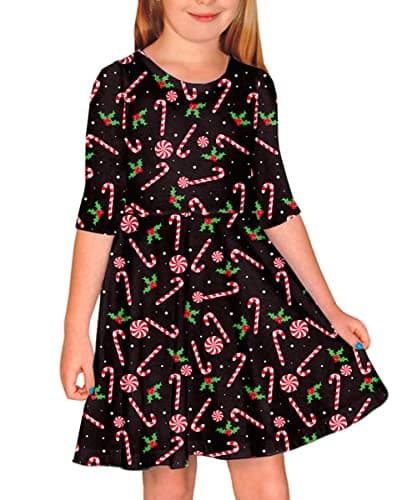 Little Girl Christmas Dress Candy Cane Printed Outfit Xmas Swing Black Dresses 3-4 Years - Image 1