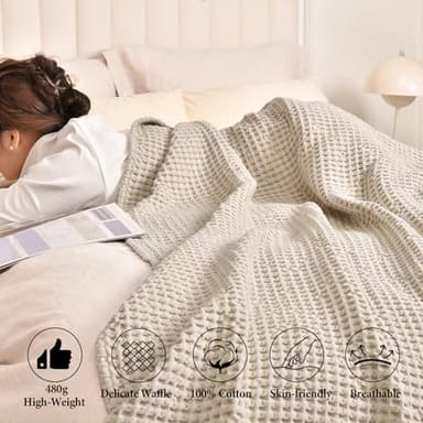 PHF 480GSM 100% Washed Cotton Waffle Weave Blanket, Cozy Breathable Skin-Friendly Throw Queen Size for All Season,Luxury Fall Layer Bedspread for Couch Bed Sofa,Elegant Home Decor,Natural,90"x90" - Image 2