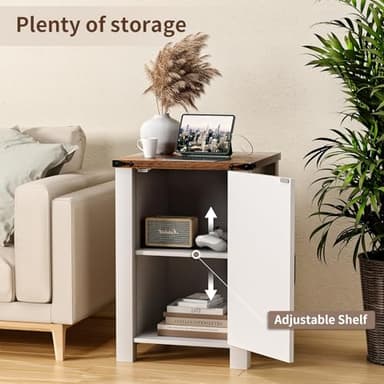 OLILAWN Farmhouse Nightstand with Charging Station, End Tables for Living Room, with Barn Door and Adjustable Shelf, Old Farmhouse End Tables Antique White, with 2-Tier Storage, Bedroom - Image 4