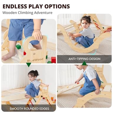 BlueWood Pikler Triangle Set, Toddler Wooden Climbing Toys Indoor 7in1 Foldable Climber for Kids, Montessori Philosophy Play Jungle Gym with Arch, Ramp, Ladder (Warm Winter Christmas) - Image 4