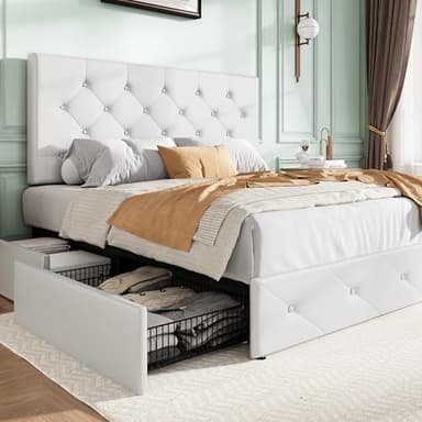 SHA CERLIN Upholstered Queen Size Platform Bed Frame with 4 Storage Drawers, Adjustable Headboard with Diamond Stitched Button Tufted Design, Wooden Slat Support, No Box Spring Needed, White - Image 1