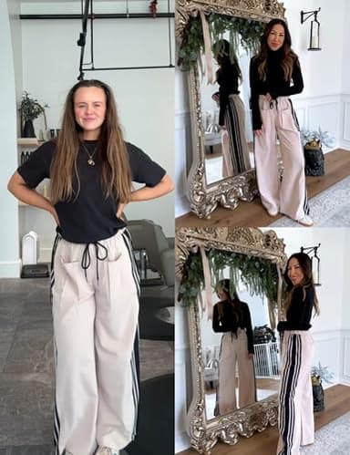 Hongsui Women's Wide Leg Pants Drawstring High Rise Side Striped Slouchy Palazzo Pants with Pockets (Khaki-XL) - Image 3