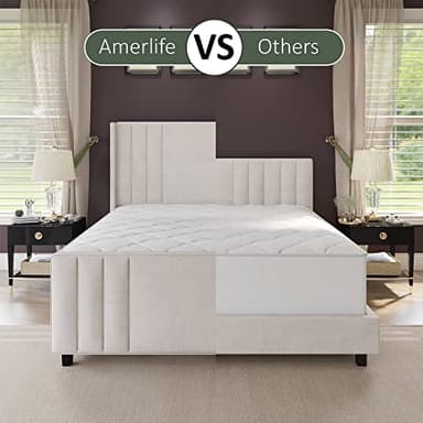 AMERLIFE Queen Size Bed Frame, Velvet Upholstered Platform Bed with Vertical Channel Tufted Headboard & Footboard/Wingback, Mattress Foundation with Wood Slats, No Box Spring Needed, Cream - Image 4