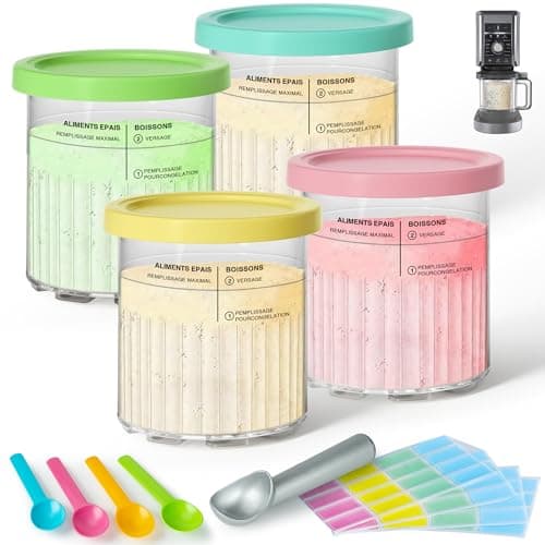 4 Pack Creami Deluxe Pints & Lids for Ninja, 24 Oz Compatible with NC500 NC501 Series Ice Cream Makers, with 5 Spoons & 64 Writable Labels, BPA-Free & Dishwasher Safe, 4 Color Lids - Image 1