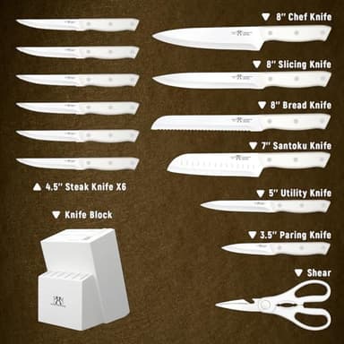Knife Set, HUNTER.DUAL 15 Piece Kitchen Knife Set with Block and Built-in sharpener, Dishwasher Safe, Anti-slip Handle, White - Image 2