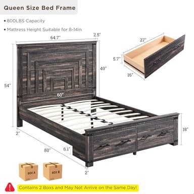 T4TREAM Farmhouse Queen Size Bed Frame with 54" Tall Geometric Headboard & 2 Large Storage Drawers, Rustic Wood Platform Bed with Wood Slats Support, No Box Spring Needed, Dark Rustic Oak - Image 2