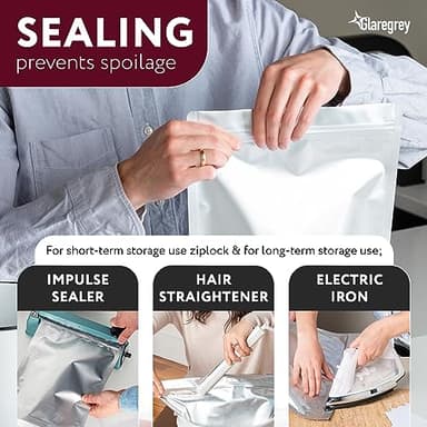 100 Pack Mylar Bags with Oxygen Absorbers - 11 MIL Thick 3 Sizes - 25x1 Gallon 35x1 Quart 40x1/2 Pint - Resealable Bags with 100 Oxygen Absorbers for Food Storage & 112 Labels, Sealable Smell Proof - Image 6