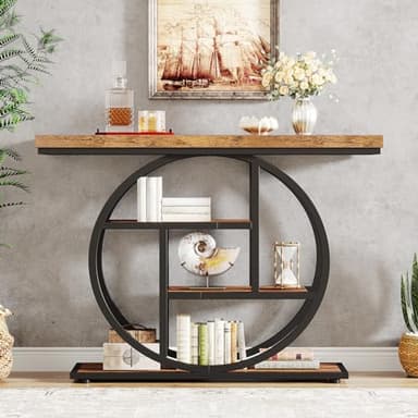 Tribesigns 41.3" Console Table, Industrial 4-Tier Sofa Table Entryway Table with Circle Base, Narrow Wood Accent Tables with Storage Shelves for Living Room, Hallway, Foyer, Rustic Brown - Image 8