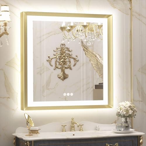 TETOTE 36x36 LED Mirror for Bathroom Gold Metal Frame Frontlit & Backlit Lighted Vanity Mirror Baroque Anti Fog Stepless Dimmable White/Warm/Natural,CRI90+,Waterproof,Wall Mounted(Horizontal/Vertical) - Image 1