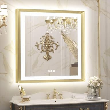 TETOTE 36x36 LED Mirror for Bathroom Gold Metal Frame Frontlit & Backlit Lighted Vanity Mirror Baroque Anti Fog Stepless Dimmable White/Warm/Natural,CRI90+,Waterproof,Wall Mounted(Horizontal/Vertical) - Image 1