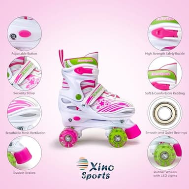 Xino Sports Adjustable Roller Skates for Girls - Fun Illuminating LED Light-Up Wheels, Comfortable Design for Indoor & Outdoor Use (Pink, Large 5-8) - Image 3