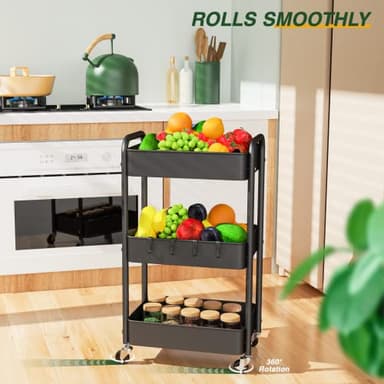 LEHOM 3 Tier Rolling Utility Cart, Metal Trolley Cart with Wheels, Hooks, Easy Assembly Organizer Storage Cart for Bathroom, Kitchen, Office, Bedroom(Black) - Image 4