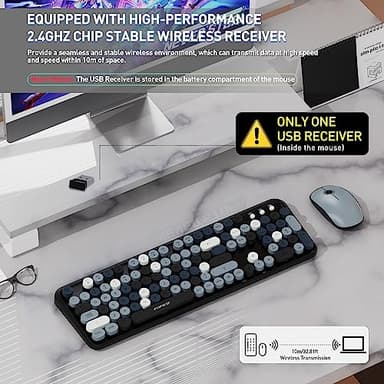 Keyboard and Mouse Wireless,Cute Retro Wireless Keyboard Mouse Combo with Round Key,2.4Ghz Dropout-Free Connection,Typewriter Keyboard Mouse Set for PC Laptop Desktop Computer-Grey Colorful - Image 9