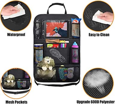 ULEEKA Car Backseat Organizer with 10" Table Holder, 9 Storage Pockets Seat Back Protectors Kick Mats for Kids Toddlers, Travel Accessories, 2 Pack - Image 2