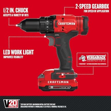 CRAFTSMAN V20 Cordless Drill/Driver Kit, 1/2 inch, Battery and Charger Included (CMCD700C1) - Image 3