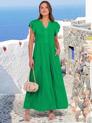 ANRABESS Womens Summer Casual Maxi Dress V Neck Ruffle Sleeve Long Dresses Fashion Flowy Tiered Boho Beach Vacation Sundress Forest XX-Large - Image 3