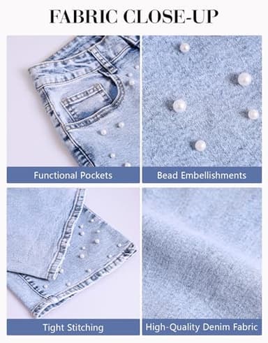 Kedera Women Pearls Beaded Flare Leg Jeans Loose Fit Stretchy Casual Straight Jeans Denim Trousers - Image 7