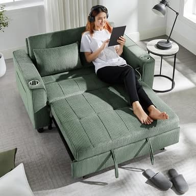 OKD 3 in 1 Convertible Sleeper Sofa Bed, Corduroy Pull Out Futon Couch with Charging Station & Cup Holder, Folding Loveseat Sofa Bed with Side Pocket for Living Room, Green - Image 4