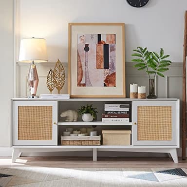 OKD TV Stand for 75+ Inch TV, Mid Century Modern Entertainment Center with Natural Rattan Door, Storage Shelves, Long Boho Media TV Console, Long Television Stand for Living Room, White - Image 3