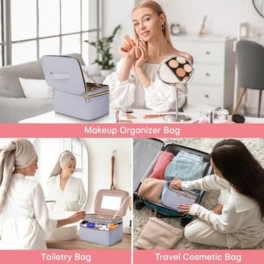 HXLGMD Large Makeup Bag with Mirror Double Layer Travel Make Up Organizer Case, Large Capacity Coemetic with Brush Slot Divider, Travel Toiletry Bag for Women (Grey) - Image 5