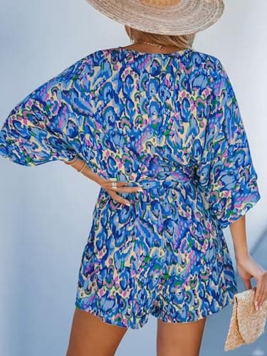 CUPSHE Women's Summer Romper V Neck 3/4 Sleeve Loose Drawstring Vacation Mini Jumpsuit Wide Leg Outfit Blue, M - Image 2