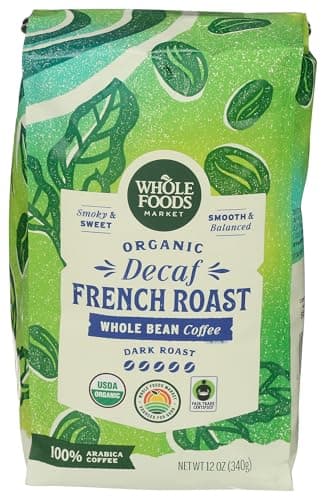 Whole Foods Market, Organic Decaf Whole Bean Coffee, Dark French Roast, Smoky & Sweet, Smooth & Balanced, 12 Ounce - Image 1