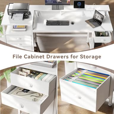 Furologee 60" White Office Computer Desk with 4 Drawers,Gaming Desk with LED Lights and Power Outlets,Long Desk with Fabric File Cabinet,Study Writing Work Table with Shelf for Bedroom Home Office - Image 5