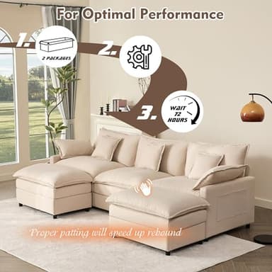 GOSUHI 108" U Shaped Couch, Modular Sectional Sofa, 3-Seater Comfy Cloud Couch with Movable Ottoman, Deep Seat Couches for Living Room, Linen, Beige - Image 7