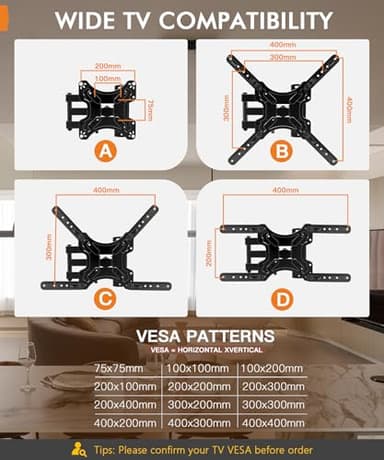 Full Motion TV Wall Mount for Most 26-55 Inch TVs, Corner Wall Mount TV Bracket with Tilt Swivel and Articulating, Single Stud Center Design Fits Flat/Curved TVs, Max VESA 400x400mm Up to 77 lbs - Image 2