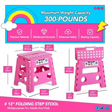 Delxo Folding Step Stool, 13 inch Non-Slip Foldable Stools for Kids & Adults Up to 300 LBS, Step Stool with Handle, Lightweight for Kitchen, Bathroom, Bedroom, Garden, Rose Pink, 1PC - Image 2