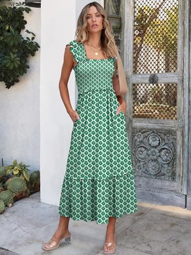 ANRABESS Womens Summer Sleeveless Maxi Dress Square Neck Smocked Boho Casual Ruffle Strap Flowy A-Line Long Beach Sundress Green Floral Medium - Image 3