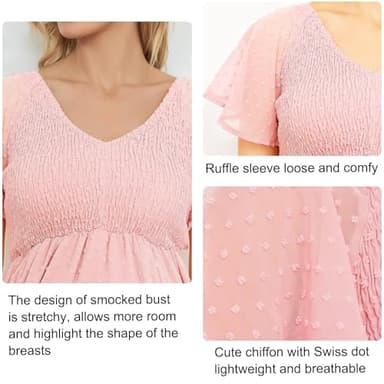 Swiss Dot Smocked Maternity Dress for Baby Shower Photoshoot Casual V Neck Ruffle Sleeve Empire Waist Tiered Boho Dress - Image 5