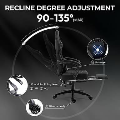 Dowinx Gaming Chair Breathable Fabric Game Chair with Gel Pad and Storage Bag, Comfortable Gamer Chair with Pocket Spring Cushion, Ergonomic Computer Chair with Footrest, Black - Image 7