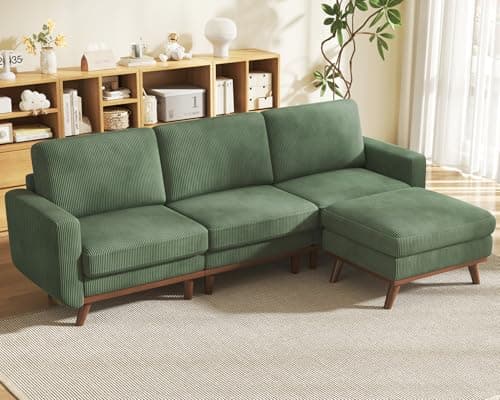 Vesgantti 97" Modular Sectional Sofa Green, L-Shaped Couch with Movable Ottoman, Comfy Corduroy Couch with Spring Cushion, Modular Sofa with Deep Seat for Living Room, Bedroom and Apartment - Image 1