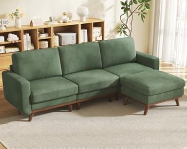 Vesgantti 97" Modular Sectional Sofa Green, L-Shaped Couch with Movable Ottoman, Comfy Corduroy Couch with Spring Cushion, Modular Sofa with Deep Seat for Living Room, Bedroom and Apartment - Image 1