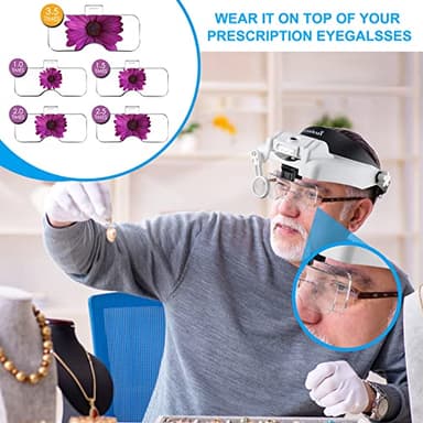 Dilzekui Headband Magnifying Glass with Light, Rechargeable Head Magnifying Glasses 1X to 14X, Magnifier Headset with 6 Detachable Lens, Hands Free Head Mount Magnifier for Close Work Jewelry Crafts - Image 2