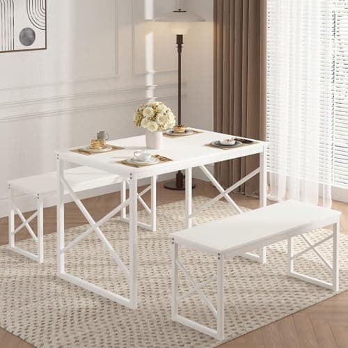VECELO Kitchen Table with 2 Benches for 4, 43.3'' Wood Dining Room Dinette Sets with Metal Frame for Breakfast Nook and Small Space, White - Image 1