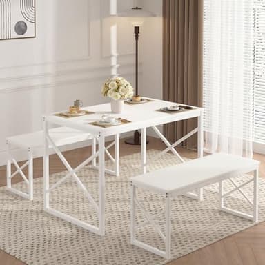 VECELO Kitchen Table with 2 Benches for 4, 43.3'' Wood Dining Room Dinette Sets with Metal Frame for Breakfast Nook and Small Space, White - Image 1
