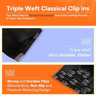 Full Shine Human Hair Clip in Extensions Black Clip in Hair Extensions Jet Black Brazilian Hair Triple Weft Straight Real Hair Extensions for Women 20 Inch 7 Pcs 120 G - Image 4